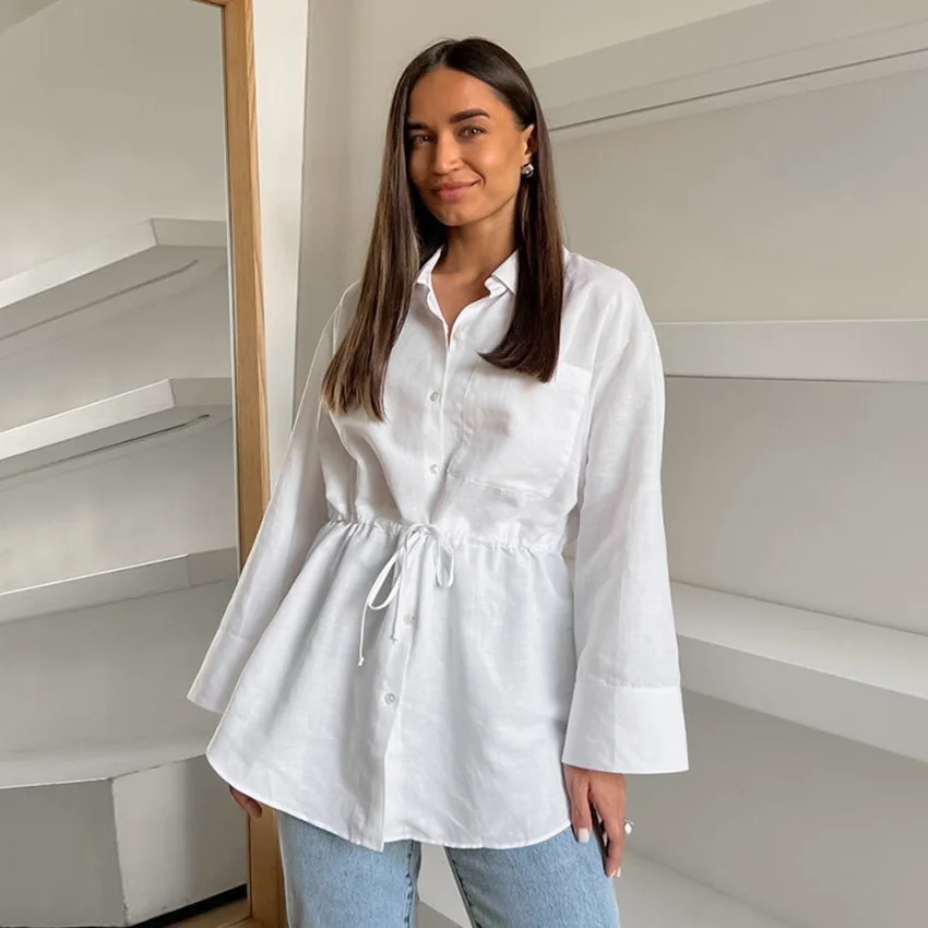 

Autumn Simple And Fashionable White Cotton Lace-up Waist Shirt Niche Lapel With Long-sleeved Top