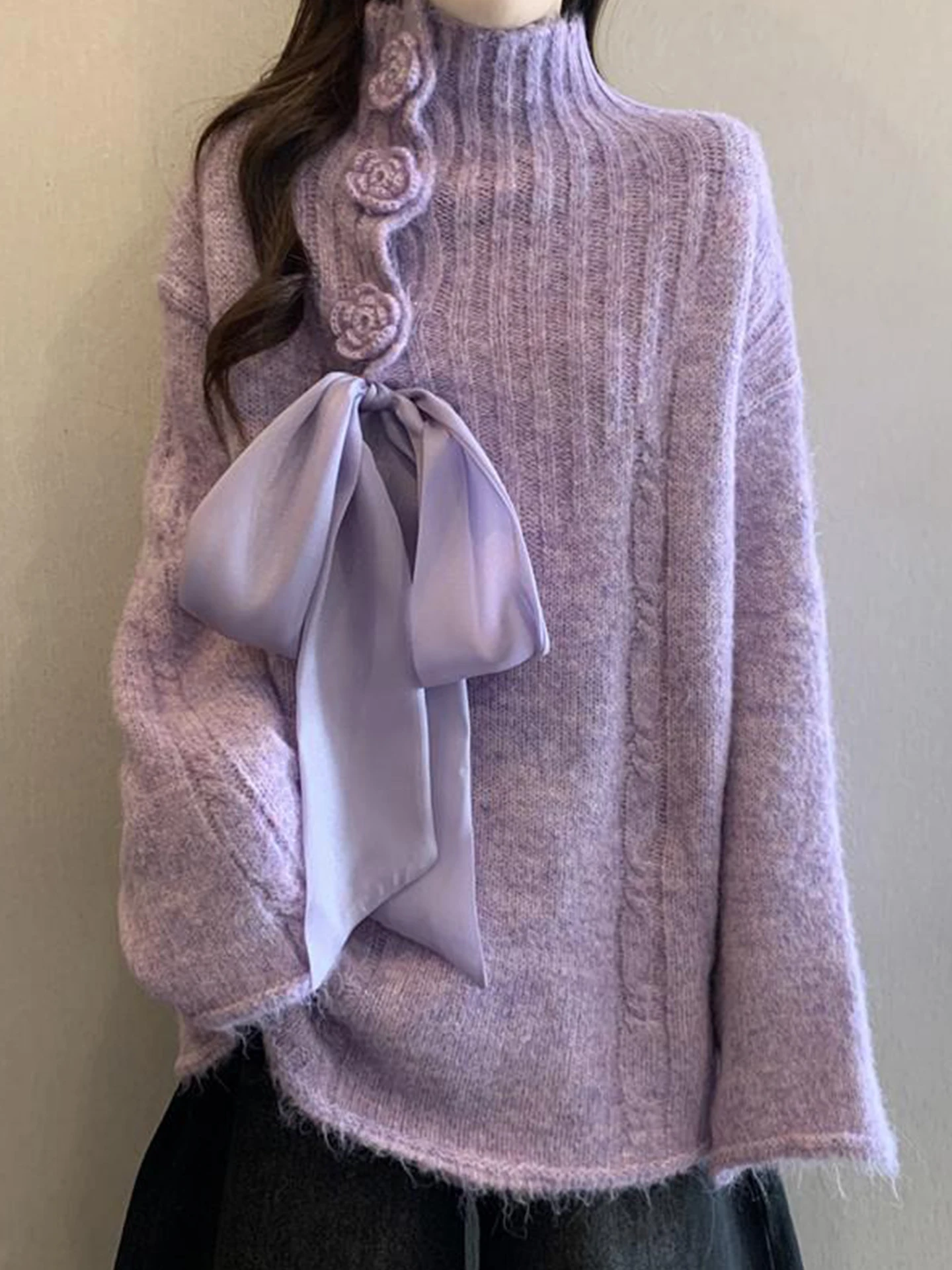 

Свободный длинный фиолетовый вязаный свитер для женщин, осенне-зимний, с высоким воротником, с узлом, больших размеров, удобная верхняя одежда