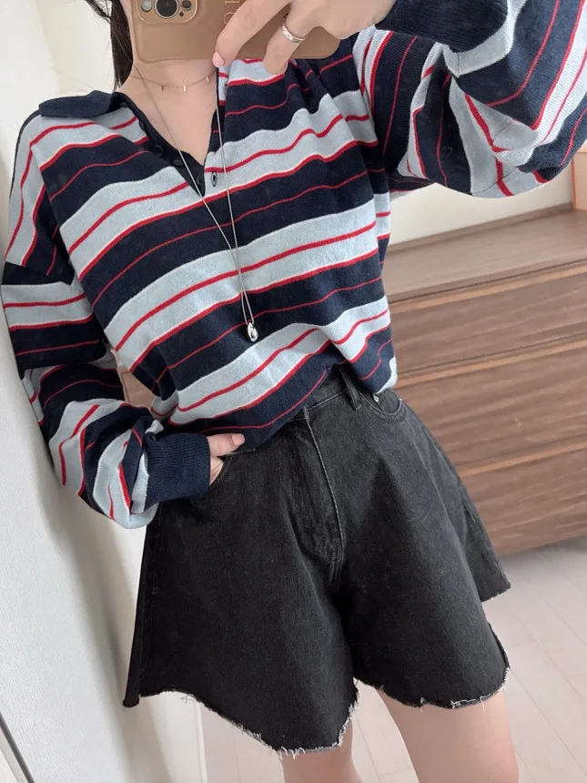 

Retro Striped Long Sve Knitted Collar Loose Women's Top Early Autumn Faionable Versatile Loose Design Sensation