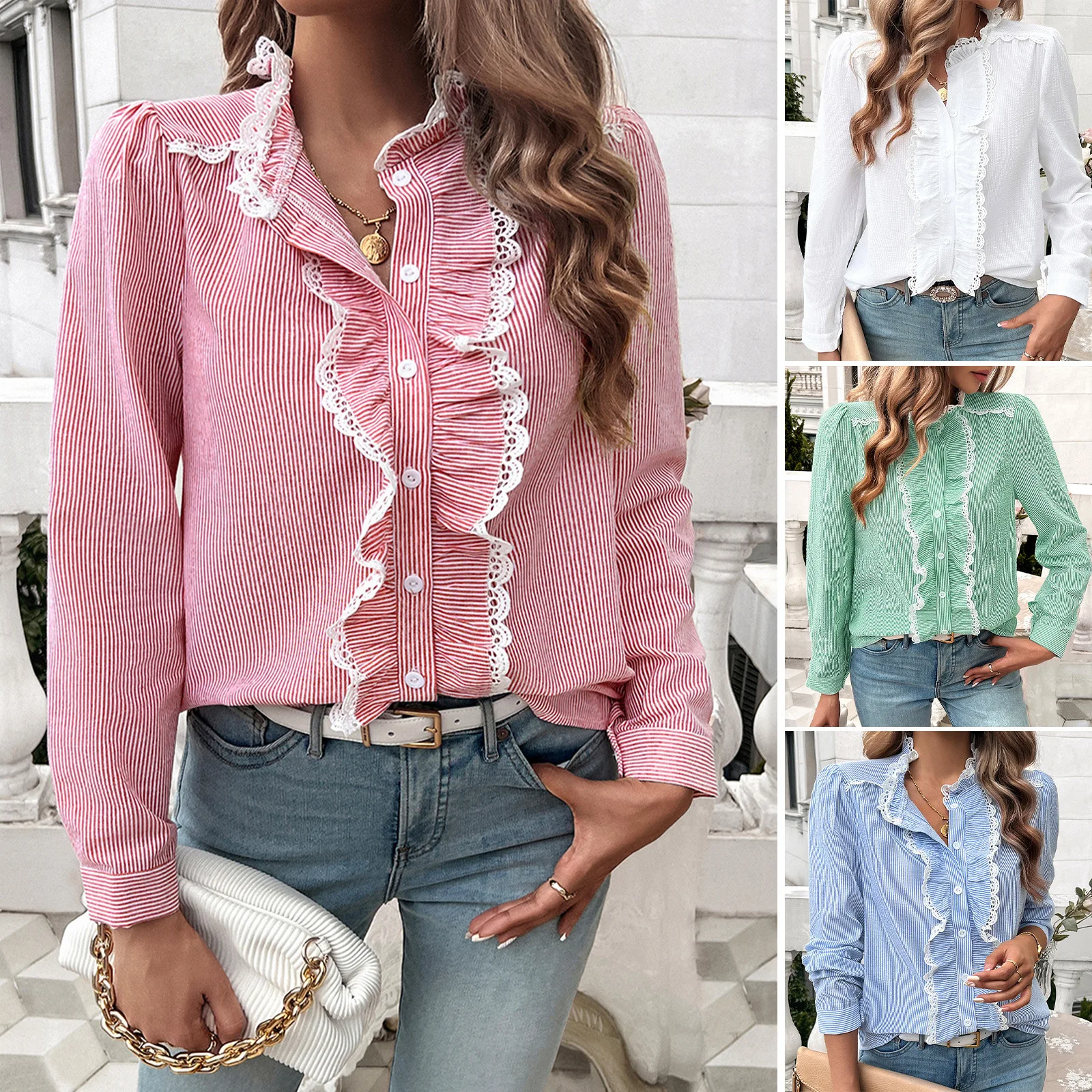 

2024 Autumn and Winter Tops Women's Temperament Contrasting Striped Shirts Roupas Femininas