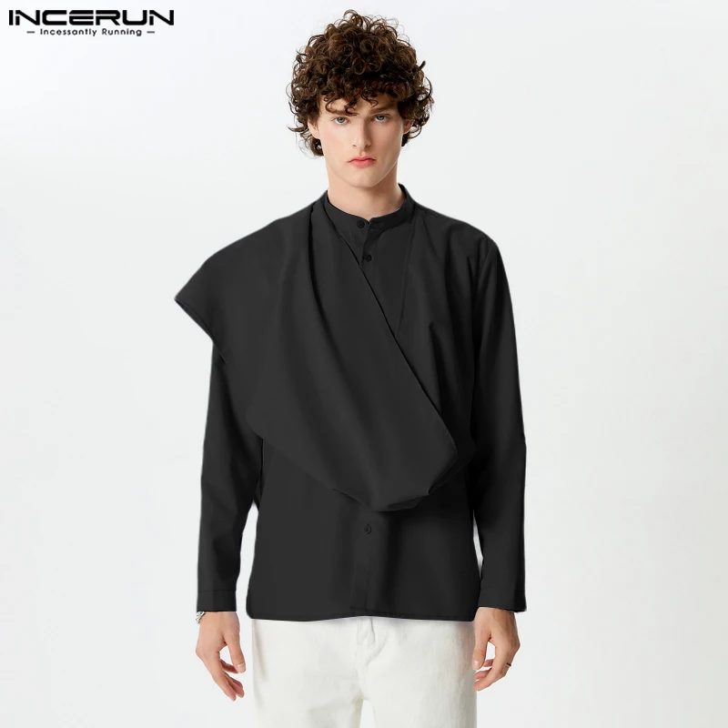 INCERUN Tops 2024 Handsome New Mens Solid Color Irregular Design Shirt Leisure Simple Male Comfortable Long Sleeved Blouse S-5XL