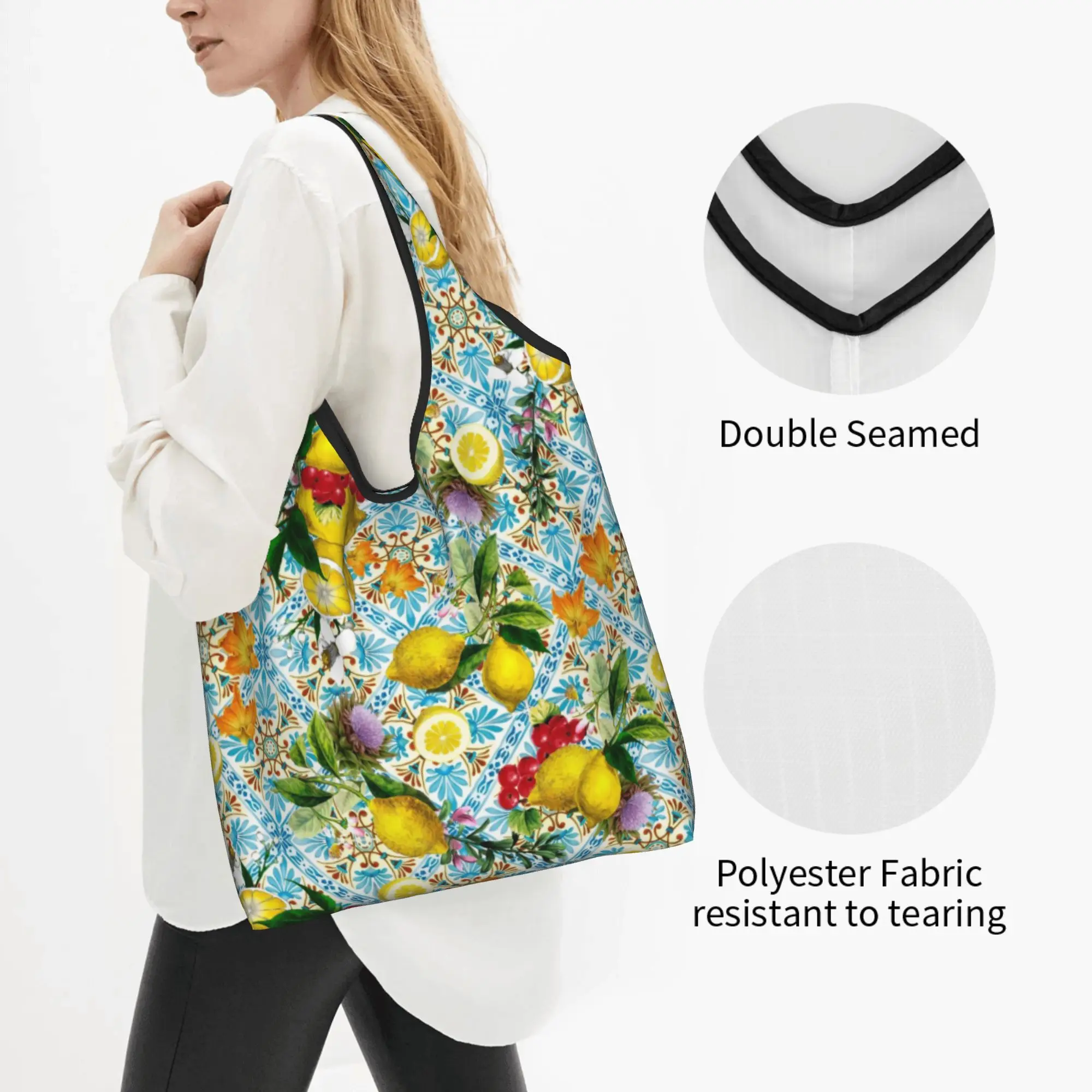 Custom Summer Fruit Lemons Mediterranean Tiles Shopping Bag Women Portable Big Capacity Groceries  Shopper Tote Bags