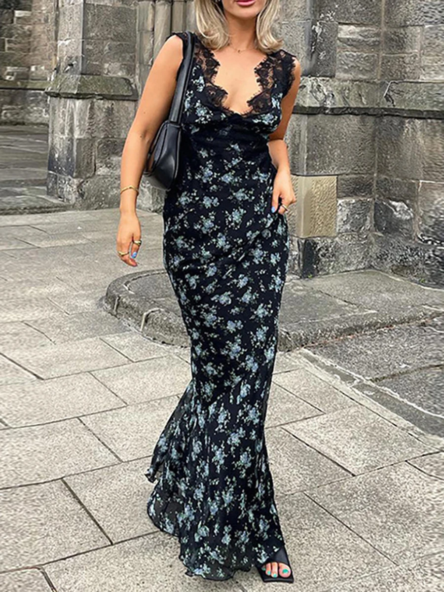 Women s Elegant Off-Shoulder Maxi Dress Boho Floral Print Ruffle Hem Long Dress Ladies Vintage High Waist Beach Party Gown