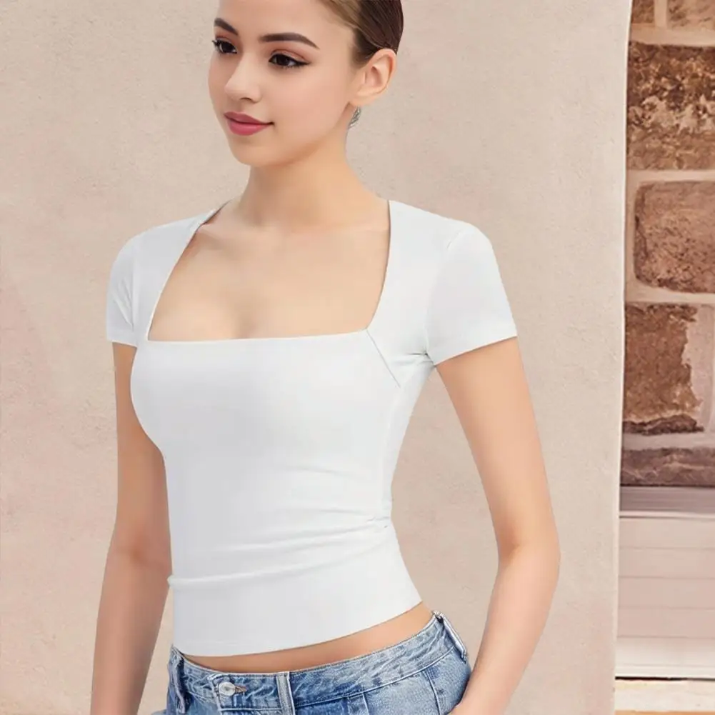 

Women Summer Tee Shirt Square Neck Going Out Tops Slim Fit Solid Color Elegant T-shirt Streetwear ropa de mujer