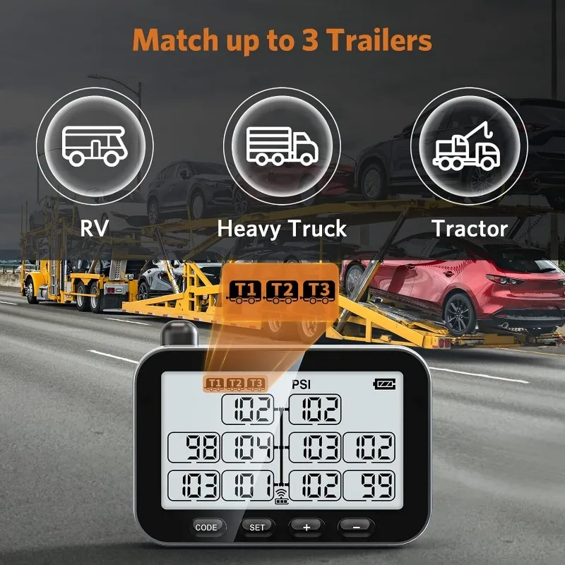 Trailer Tire Pressure Monitoring System, Trailer TPMS with 10 Sensors, 6 Alert Modes, Signal Booster, Power Saving Display