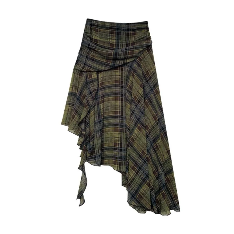 

Women's Skirts 2025 Autumn Retro Irregular Plaid Midi Skirt Autumn Niche Design Slim Fitting Asymmetric Hem Elegant Skirt