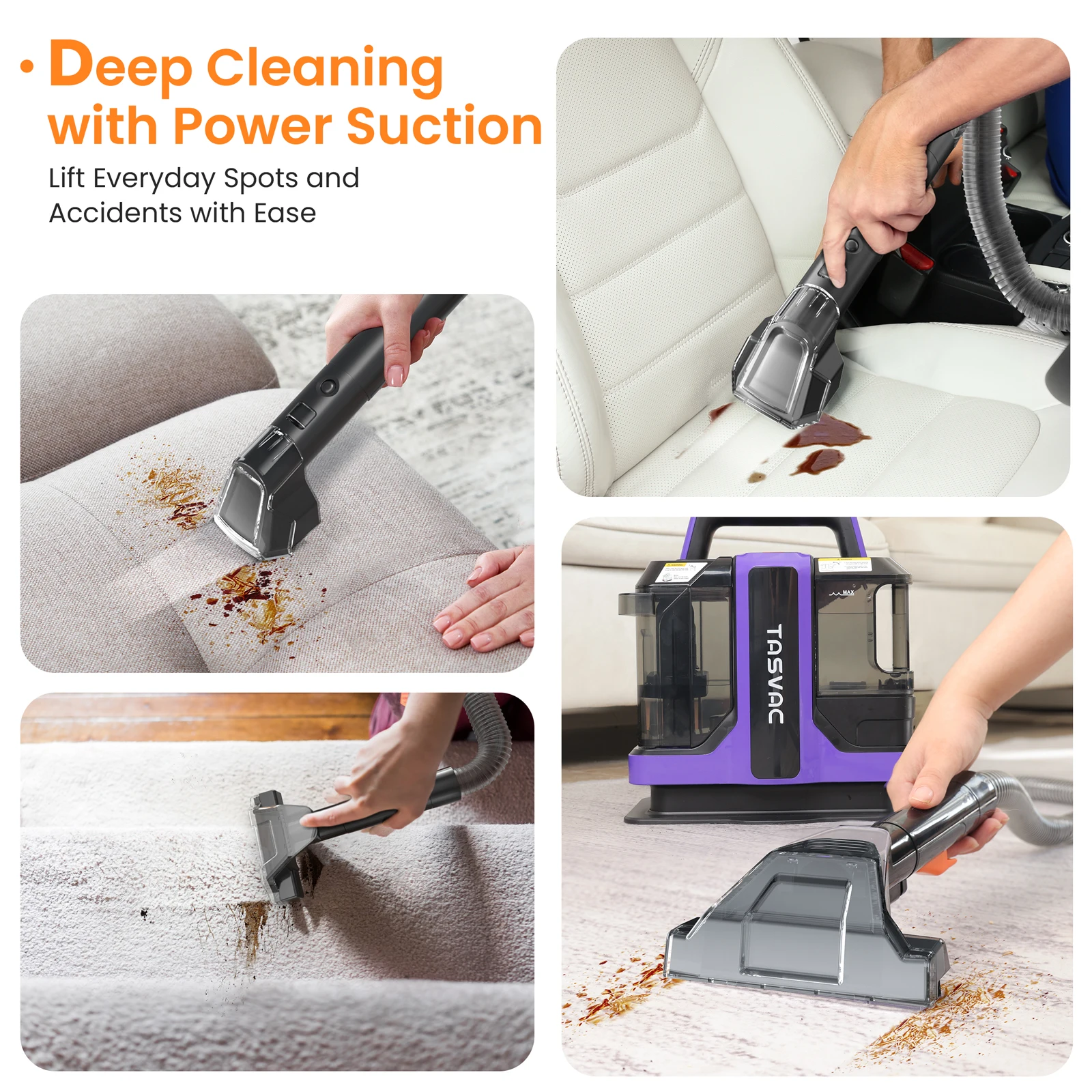 TASVAC C7 Portable Carpet & Upholstery Cleaner Machine, Spot And Stain Deep Cleaner With Two Brushes & Remover Formula For Pets,