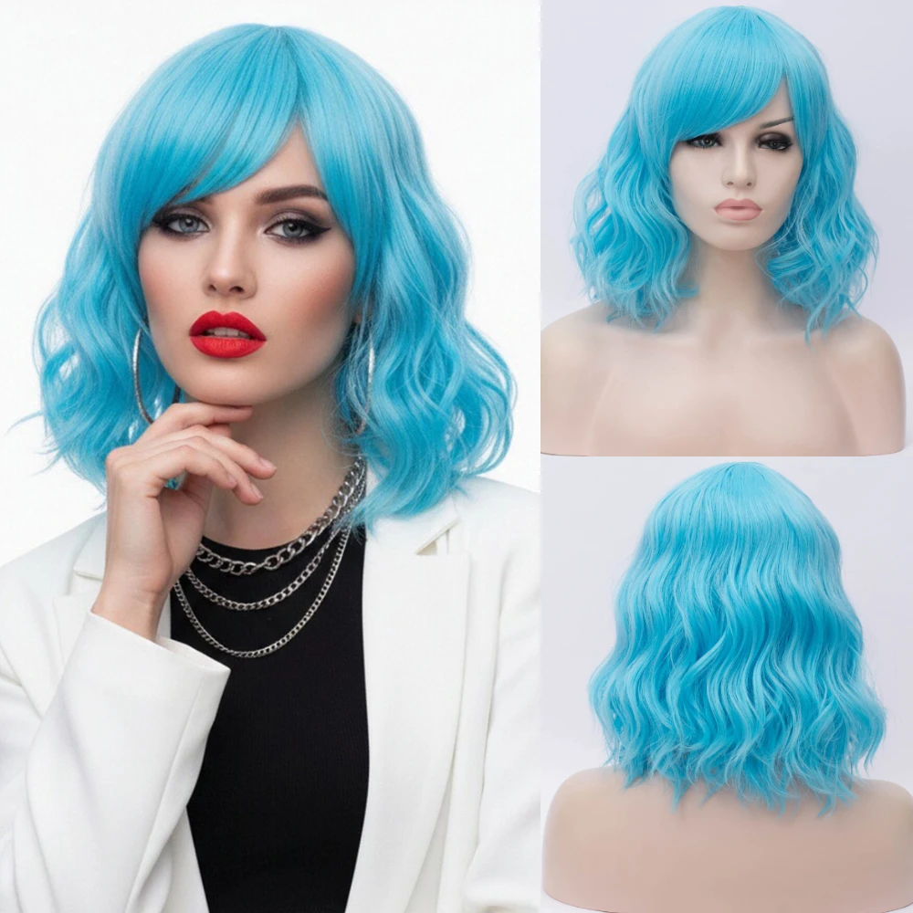Women's Short Wavy Cosplay Blue Wig With Side Bang Design Heat Resistant Synthetic Hair for Halloween Party