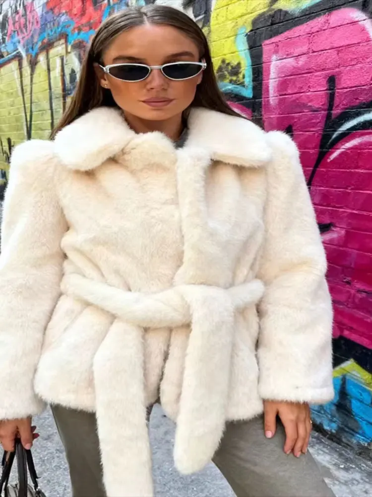 HH Winter Vrouwen Warme Nepbontjassen Met Riem Elegante Effen Revers Lange Mouwen Jassen 2025, Mode High Street Lady Chic Uitloper