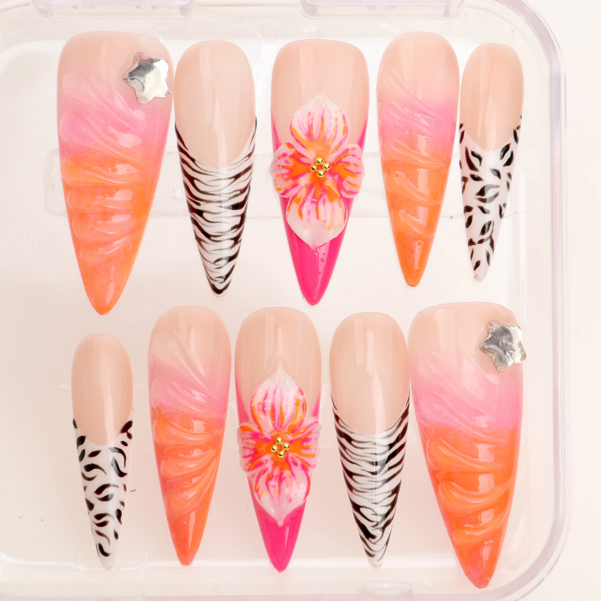 10Pcs Handmade y2k Unique 3D beautiful Leopard print Flower Press On Nail Faux Acrylic Nails Design with Adhesive Nail File Set