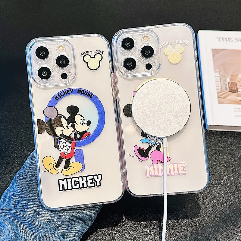 Disney Clear Mickey Minnie Mouse etui na iPhone 14 13 12 11 15 Pro Max do magnetycznej bezprzewodowej animacji ładowania