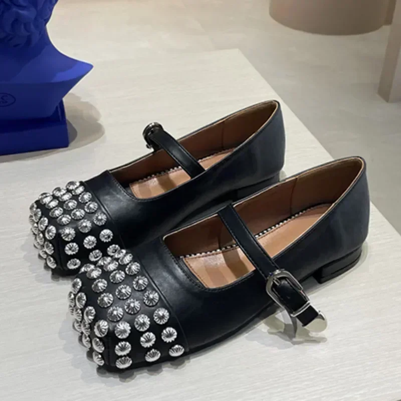 Fashion Metal Rivet Mary Jane Shoes Women Ballerina Flats Square Toe Soft Soles Comfortable Women's Shoes Elegant Designer Shoes