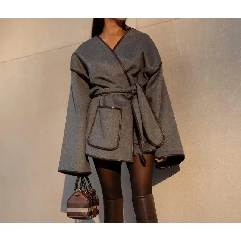 

European and American 2025 Autumn Women's Irregular Strap Short Coat Elegant Retro Grey Belt Commuter Coat