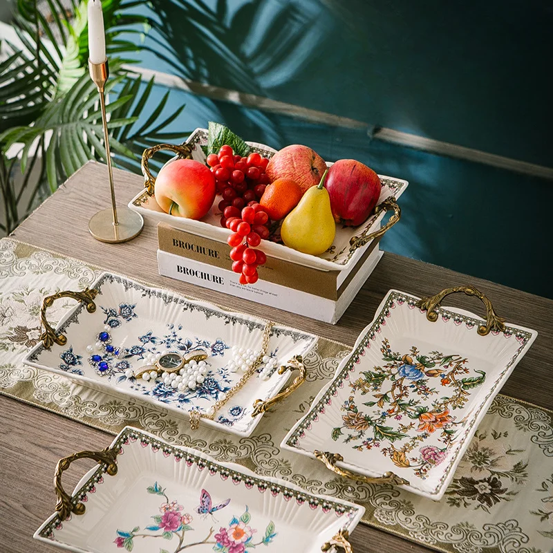 New Creative Villa Tea Table Ceramic Fruit Tray Ornament American Ceramic Double Ear Tray Storage Tray Desktop Decoration Tray