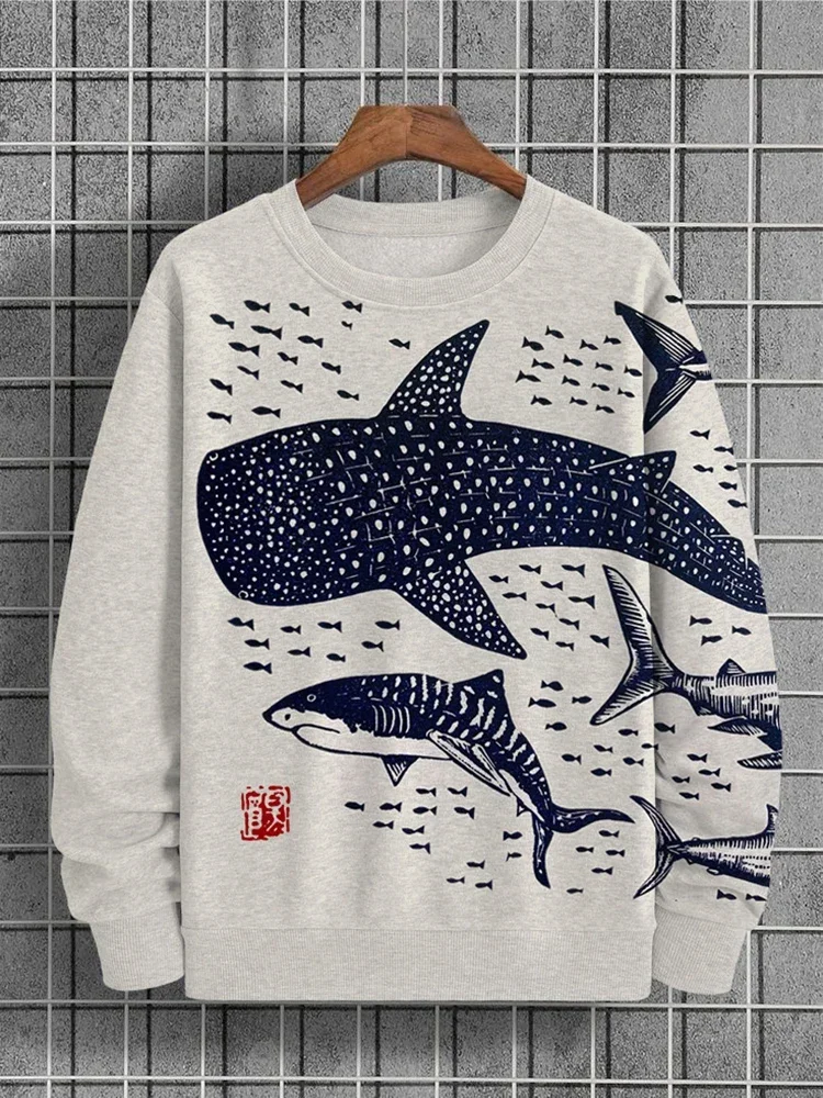 Men\'s Fashion Round Neck Sports Print Shark Print Linen Top Casual Sweatshirt Harajuku Unisex Sweatshirt Round Neck Sweatshirt