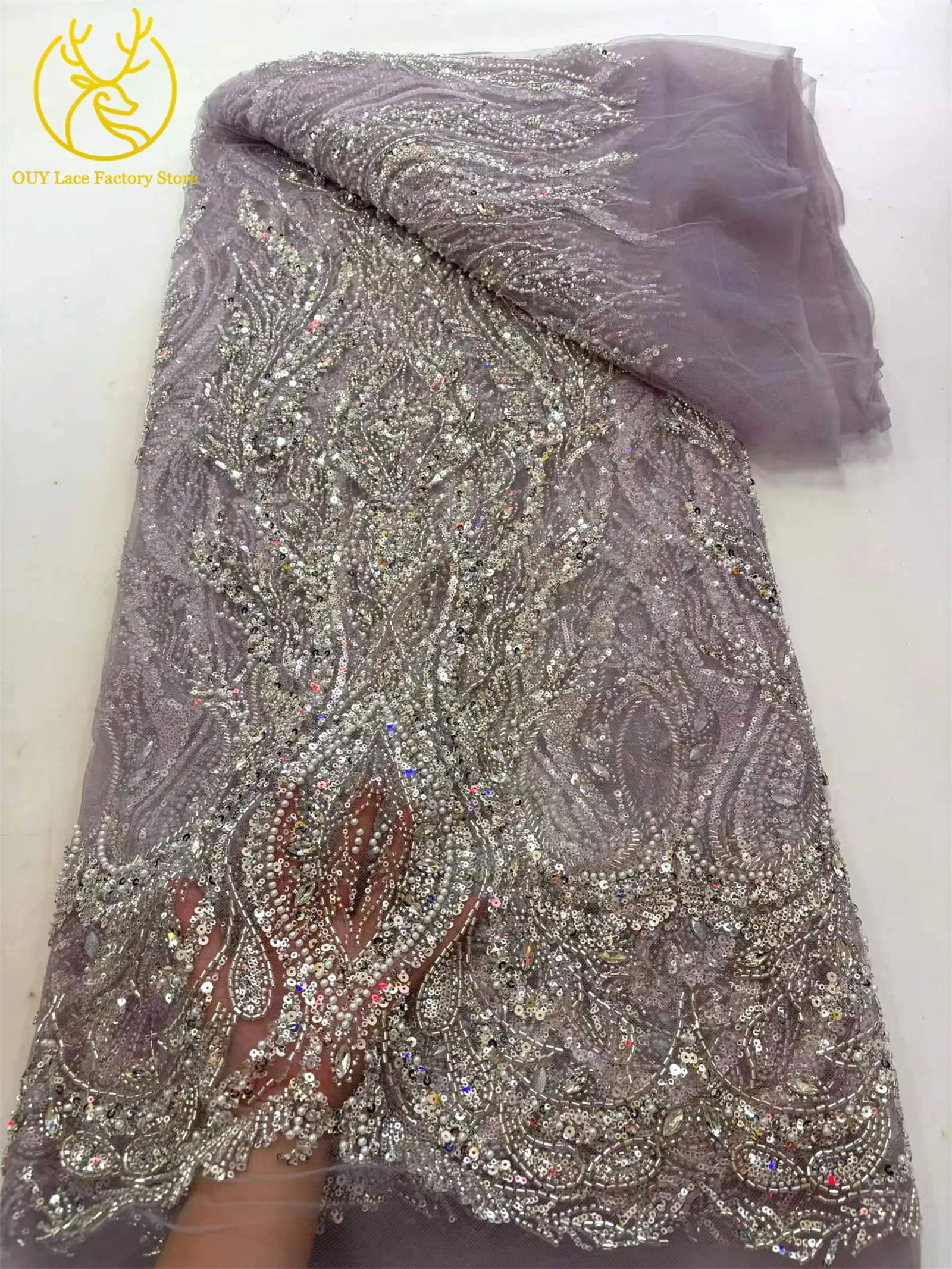 Luxuriöser Brautkleid-Spitzenstoff mit Perlen und Strass 2026 – Deluxe Afrikanische Nigerianische Pailletten-Stein-Mesh-Spitze für Damen-Partykleider zum Nähen – Detail 8