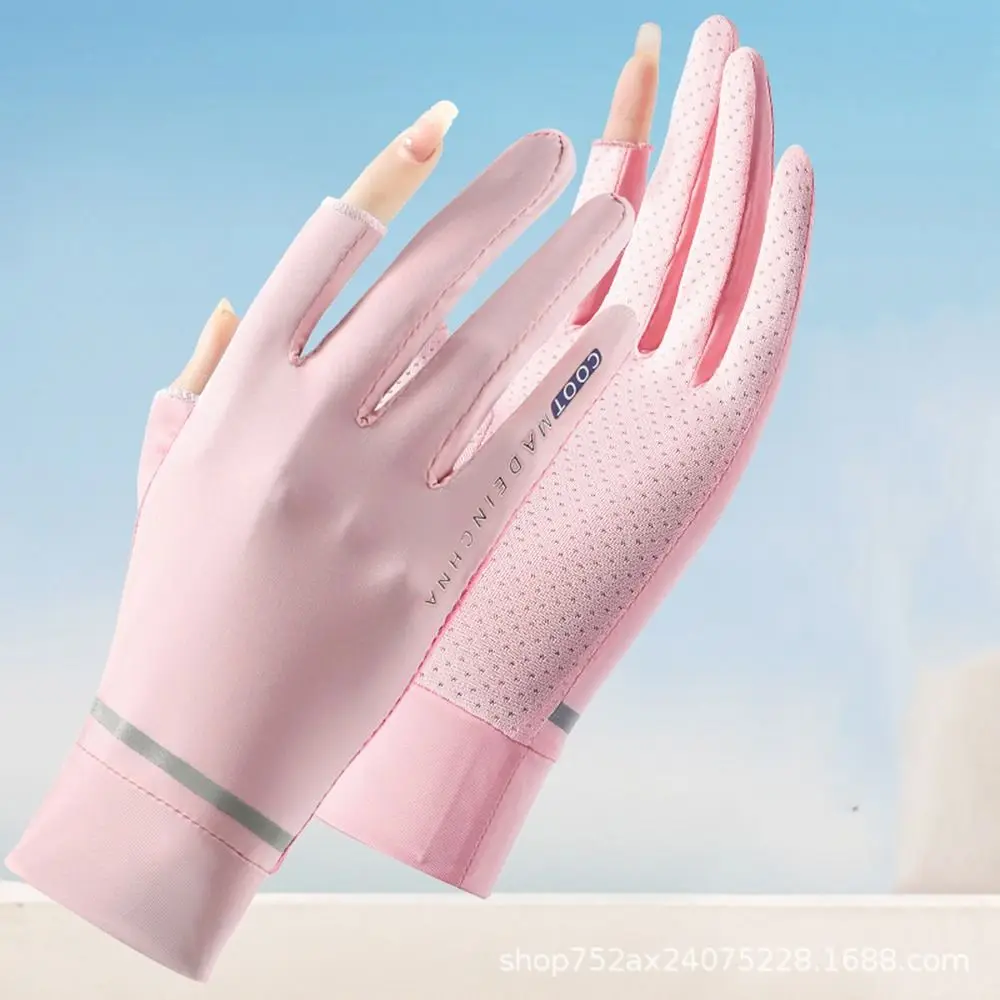 Guantes finos de seda de hielo para mujer, manoplas de dedo completo, protección solar, pantalla táctil, conducción al aire libre, Verano