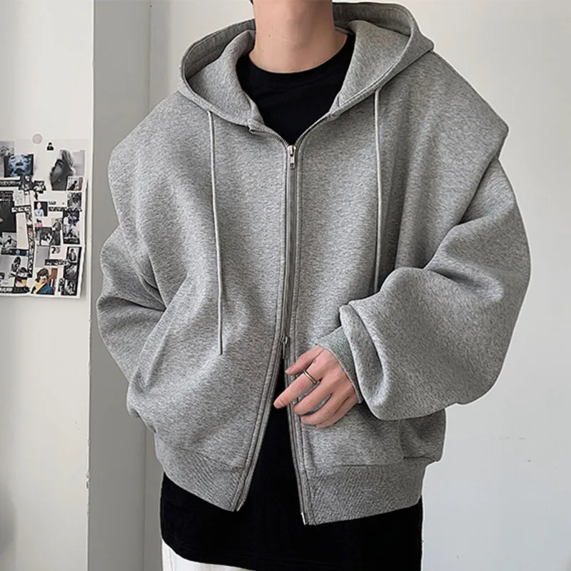 Autumn New Padded Shoulder Design Solid Streetwear Men Double Zip-up Hooded Sweatshirts Harajuku Casual Daily Hoodies