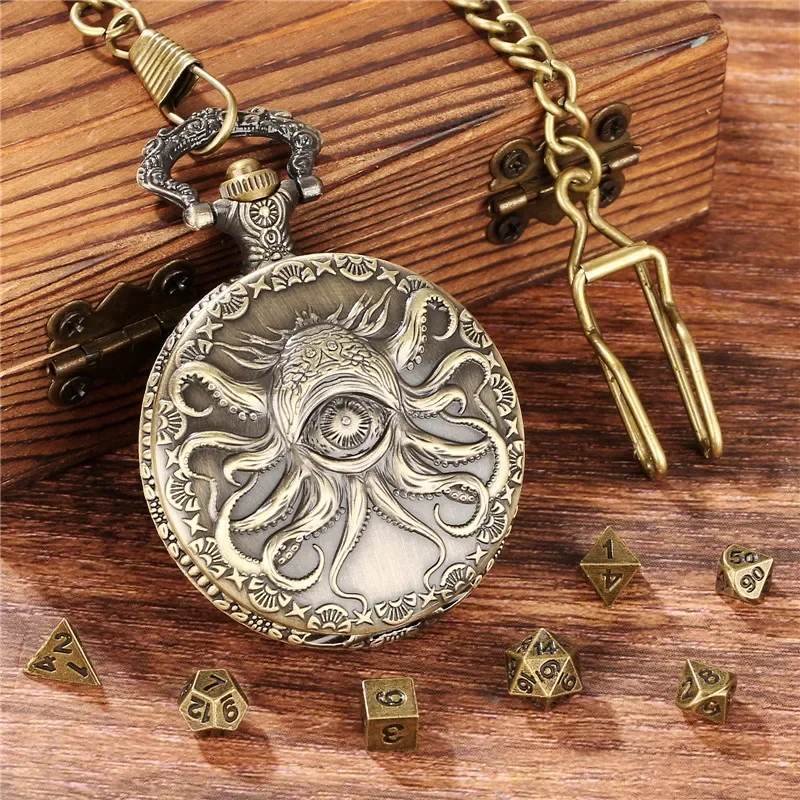 Vintage Octopus Eye Empty Pocket Watch Case Pendant Chain with 7pcs Tiny Polyhedral Metal Dice Set Table Role Play Gaming Dices