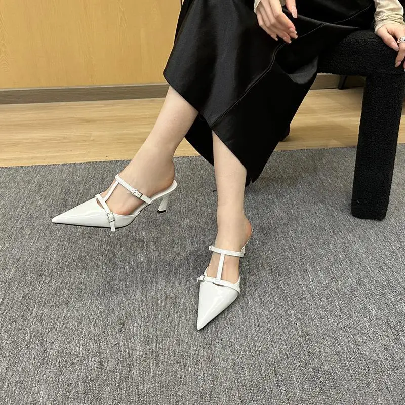 Slippers Women Summer Pointed Toe Female Shoes Low Shallow Slides Thin Heels Heeled Mules 2024 Silver Cover High Rome PU Pumps