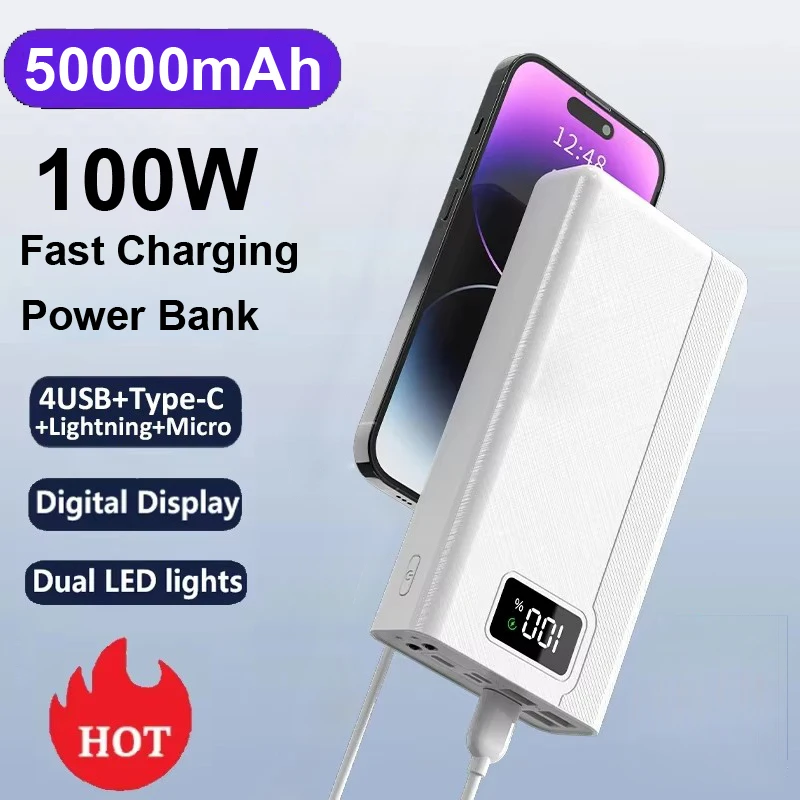 Ranwomen Power Bank 100W Fast Charger Quick Charge Powerbank with Dual LED Light 50000mAh Portable External Battery For Samsung