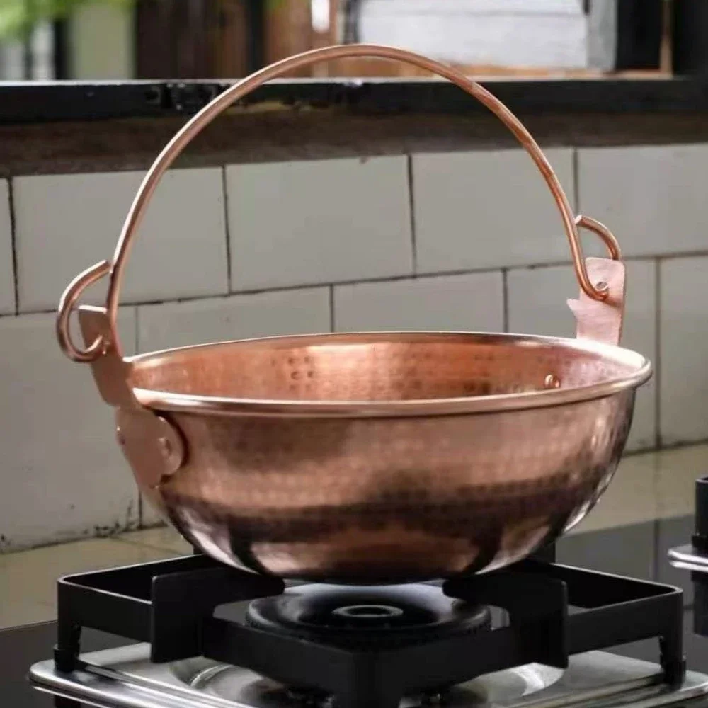 Vintage Copper Hanging Pot,Outdoor Camping Thickened Pot Cooking Utensil Simmering Pasta Stewing,Handcrafted Hammer Texture Pot