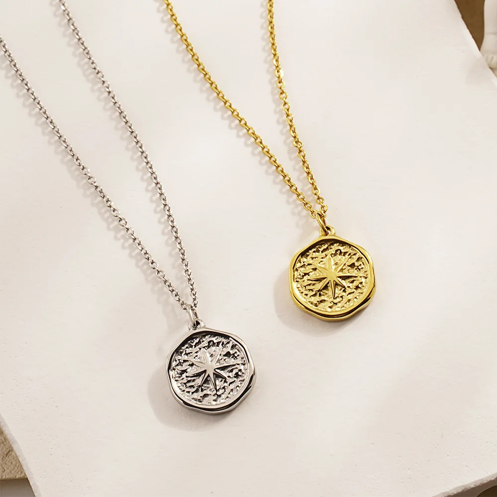Irregular Gold Pleated Eight Pointed Star Pendant Simple Fashion Women's Stainless Steel Collarbone Necklace Jewelry