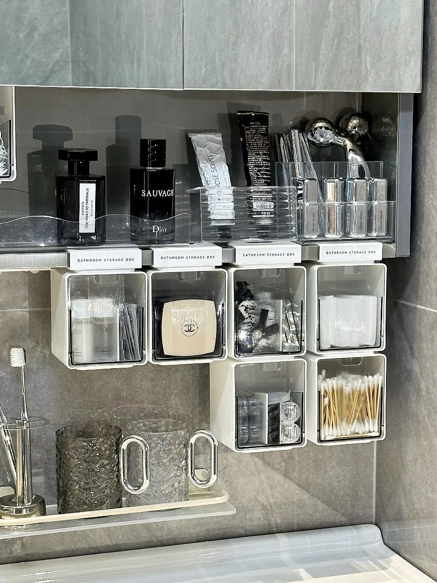 Transparent Bathroom Cotton Stick Makeup Cotton Bathroom Pull-Out Storage Drawer Style Storage Box Under The Mirror Cabinet
