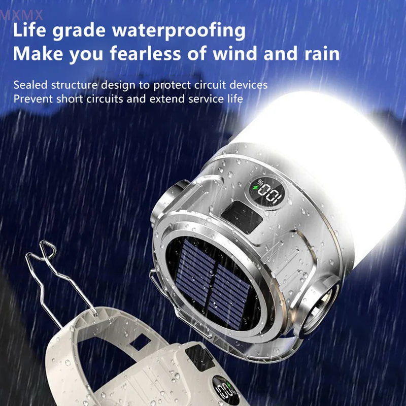 Rechargeable LED Camping Lantern Portable LED Camping Flashlight Solar Rechargeable Waterproof Outdoor Supplies