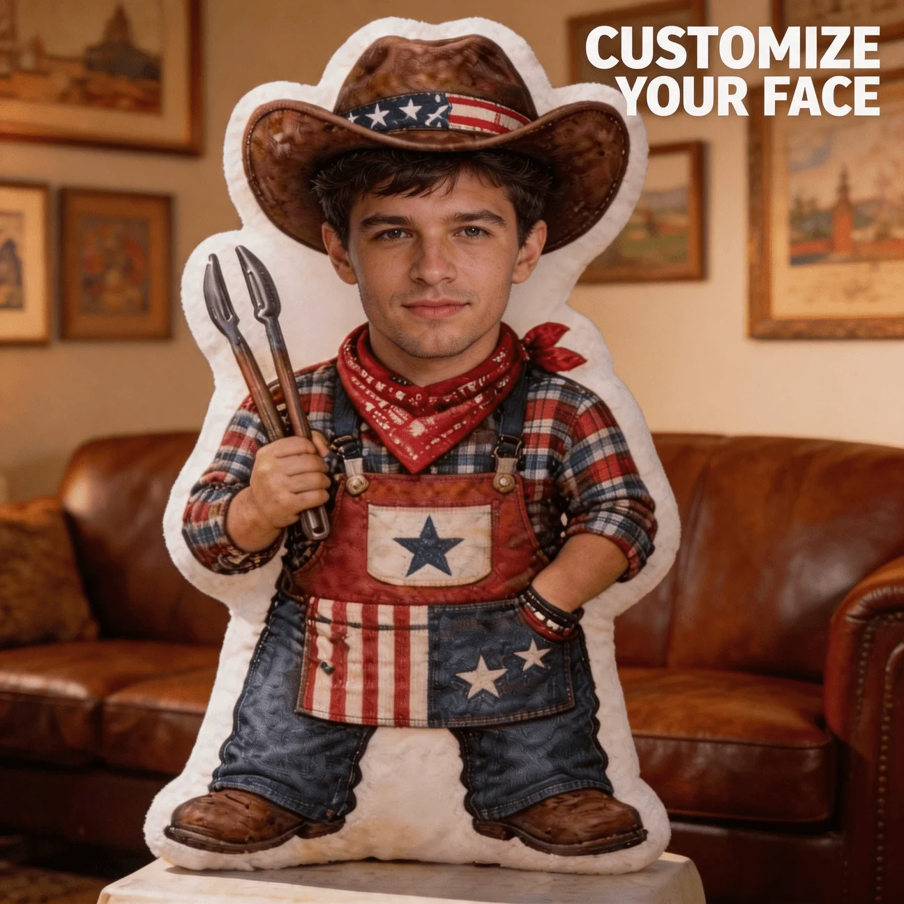 Custom Photo Cowboy Character Shaped Pillow, Patriotic Outfit Decorative Cushion, 60cm Large Size Accent Pillow for Sofa & Bedro