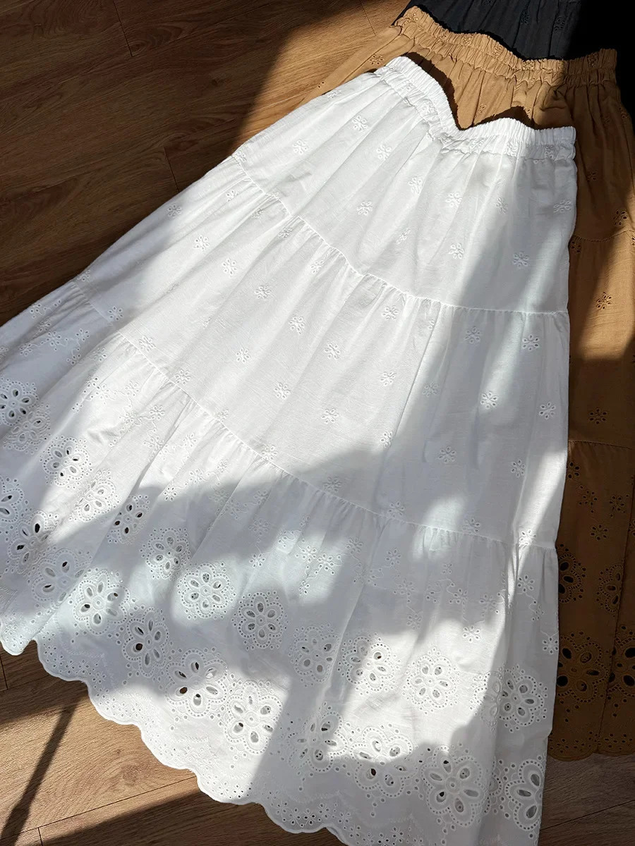 Japanese Versatile Thin Casual Skirt with Spring and Summer Splicing Hollowed Out Heavy Embroidery A-Line Skirt