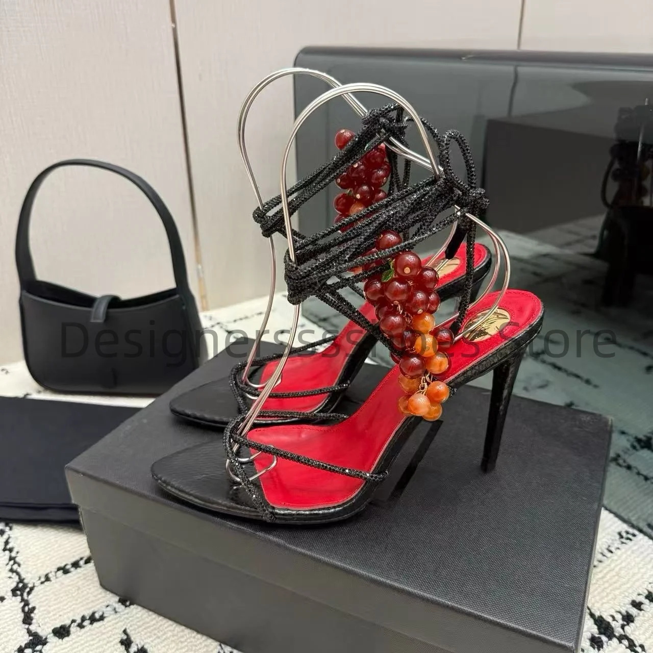 Women Satin Stiletto Heels Pearl Metal Chain Amber Pendant Formal Dress Shoes Size35-42