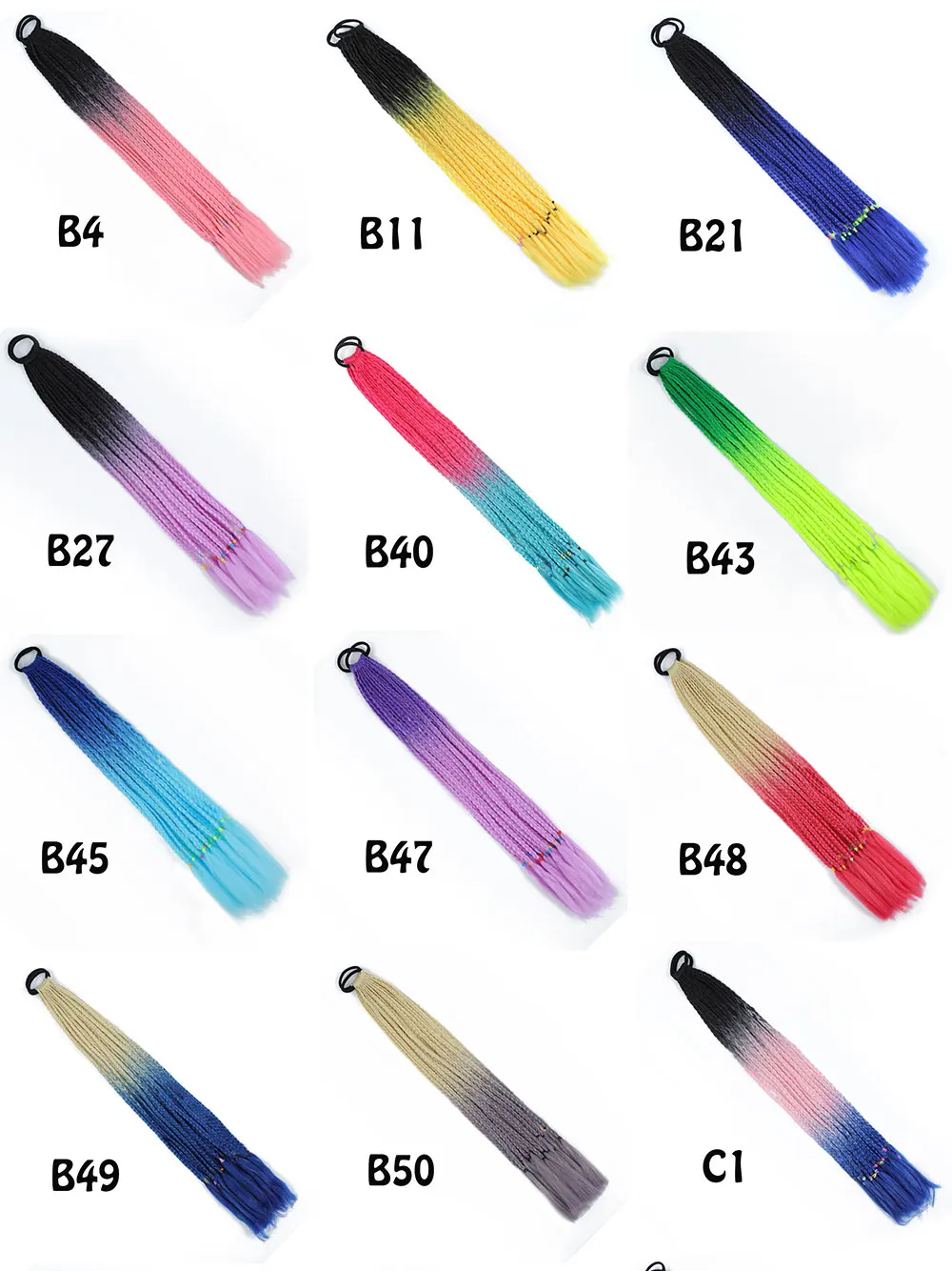 Synthetische Farbverlaufsfarbe, schmutzige geflochtene Pferdeschwanzverlängerungen mit elastischem Band, 61 cm, Regenbogen-Zopf-Pferdeschwanz-Haarteil für Mädchen – Detail 6