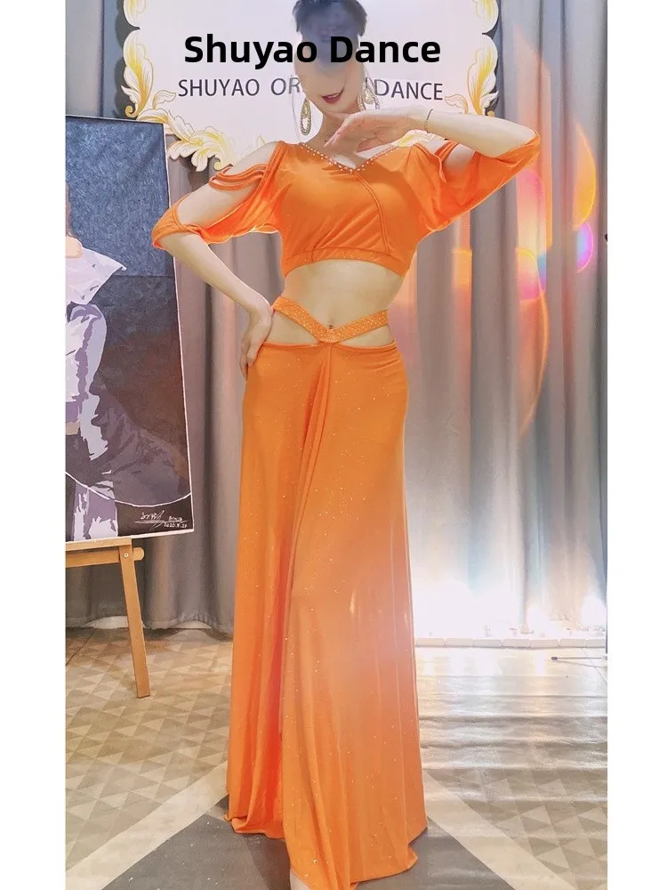 

Slimming Sexy Long Skirt Belly Dance Practice Suit with Hotfix Rhinestones Dance Costume New Beginner Performance Set for Women