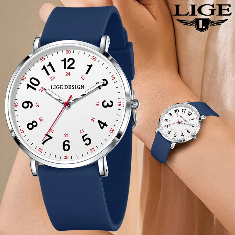 LIGE 2025 women's watches elegant simple waterproof 12/24 hours dial color silicone strap student watches for Women montre femme