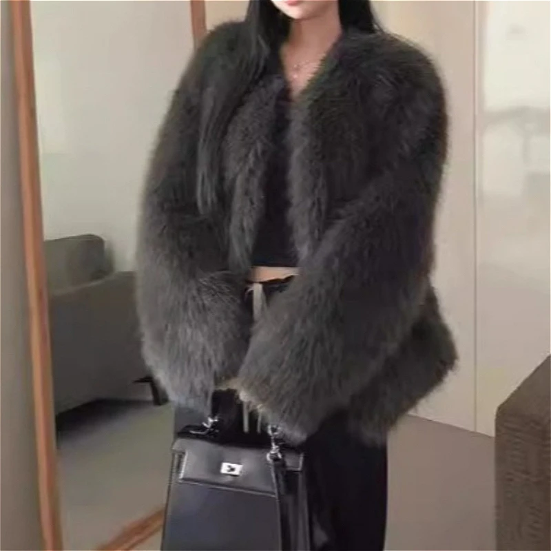 

Женские пальто из искусственного меха лисы Короткие куртки с v-образным вырезом и длинными рукавами Толстая теплая уличная куртка Y2k Элегантная рабочая осень-зима 2025