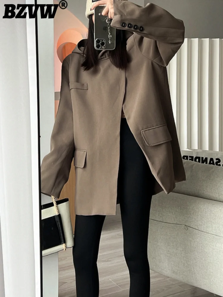 BZVW Fashion Versatile Hooled Blazers Coat For Women Pure Color Split Designer Long Sleeve Female Clothes 2024 New Trend 25Y0927