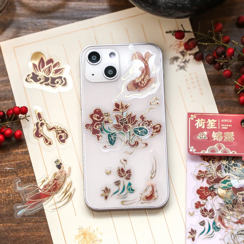 40pcs/bag Bronzing PET Sticker Chinese Ancient Cartoon Nostalgic Antique DIY Creative Hand Account Ledger Material Stickers