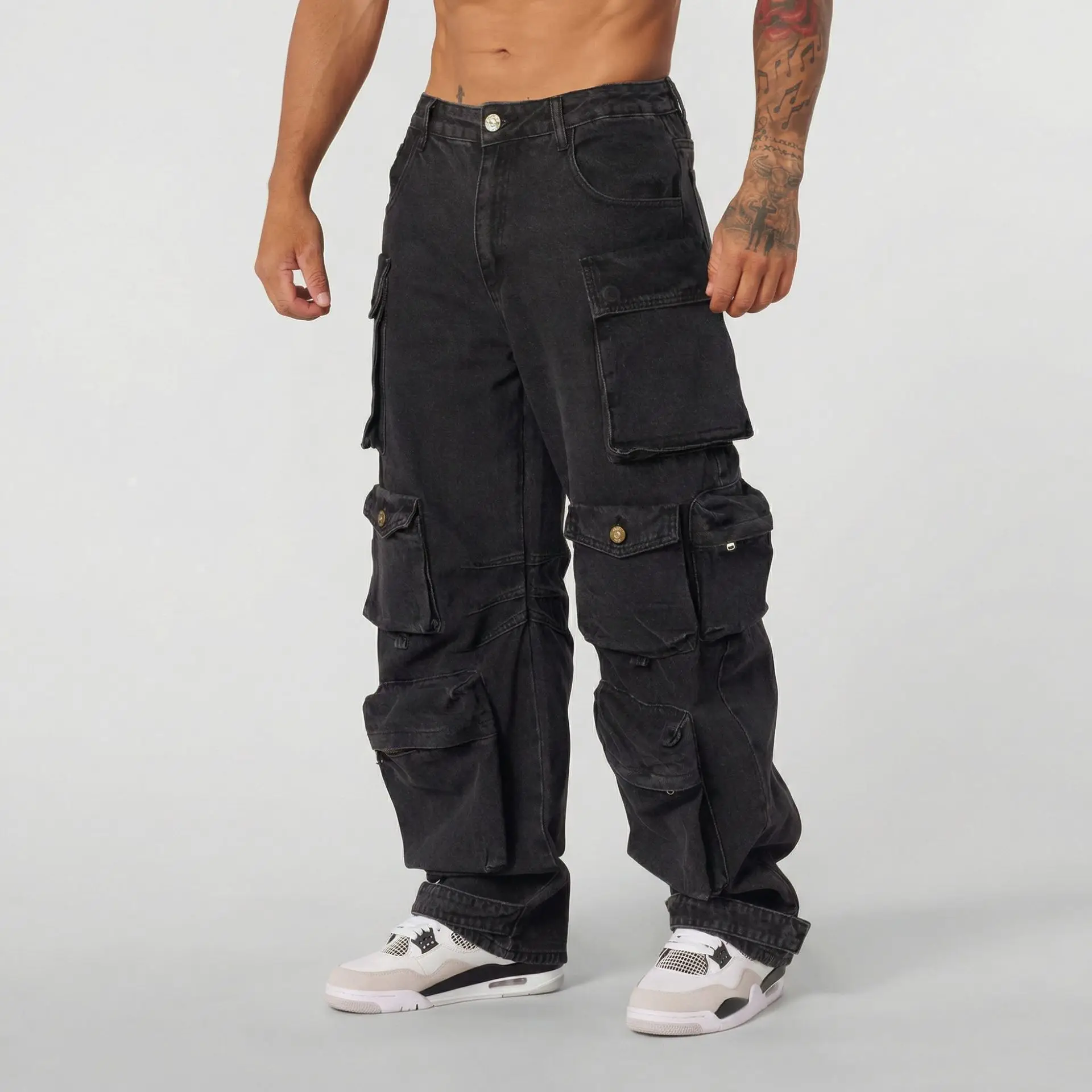 Men's Fashion Loose Fit Vibe Style Hip Hop Jeans Pants High Street Workwear Cargo Denim Trousers With Multi Pockets Baggy Jeans