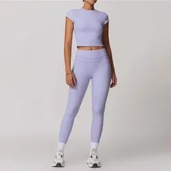 mikeyoga 2PCS Yoga Set Women Sportswear Workout Clothes Athletic Wear Gym Legging Fitness Bra Crop Top Short Sleeves Sports Suit