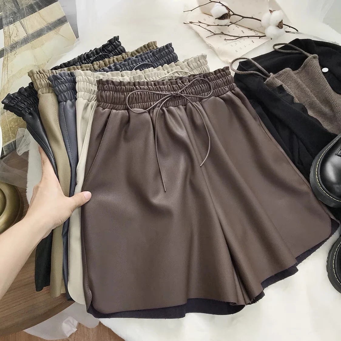 

Slimming Effect Leather Pants Real eepskin Belted mid High Waist Wide Leg Casual Straight Leg Trendy Women's Trousers