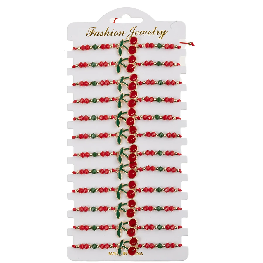 

New Arrival 12pcs/set Alloy Cherry Charms Bracelet Set For Women Girls Beads Rope Braided Adjustable Bracelet Jewelry Gifts