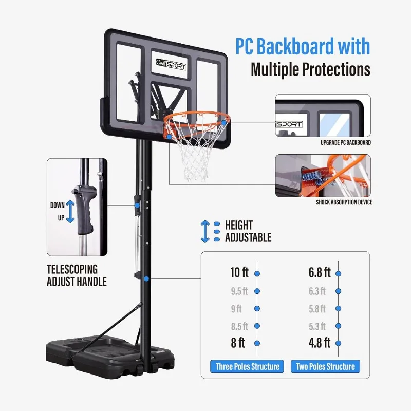 Portable Basketball Hoop Outdoor, 4.8-10FT Height Adjustable Basketball Hoop Goal System