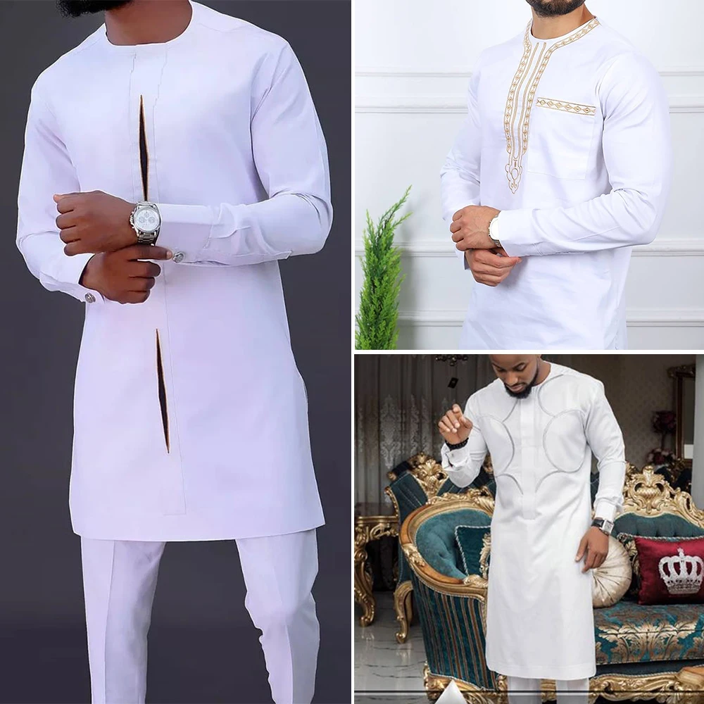 New In Dashiki 2 PCs White Set Abaya Men\'s Clothing Top Pant Set Long Sleeve Elegant Kaftan African Ethnic Style Round Neck Suit