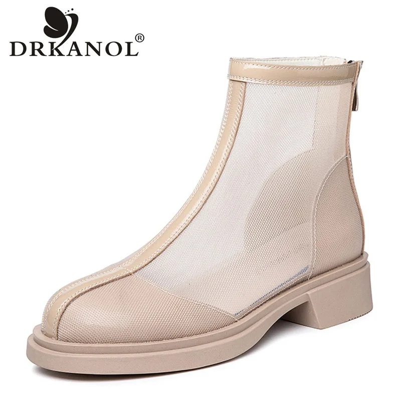 DRKANOL 2024 New Summer Mesh Cool Boots For Women Genuine Leather Back Zipper Flat Heel Soft Bottom Comfort Trend Ankle Boots