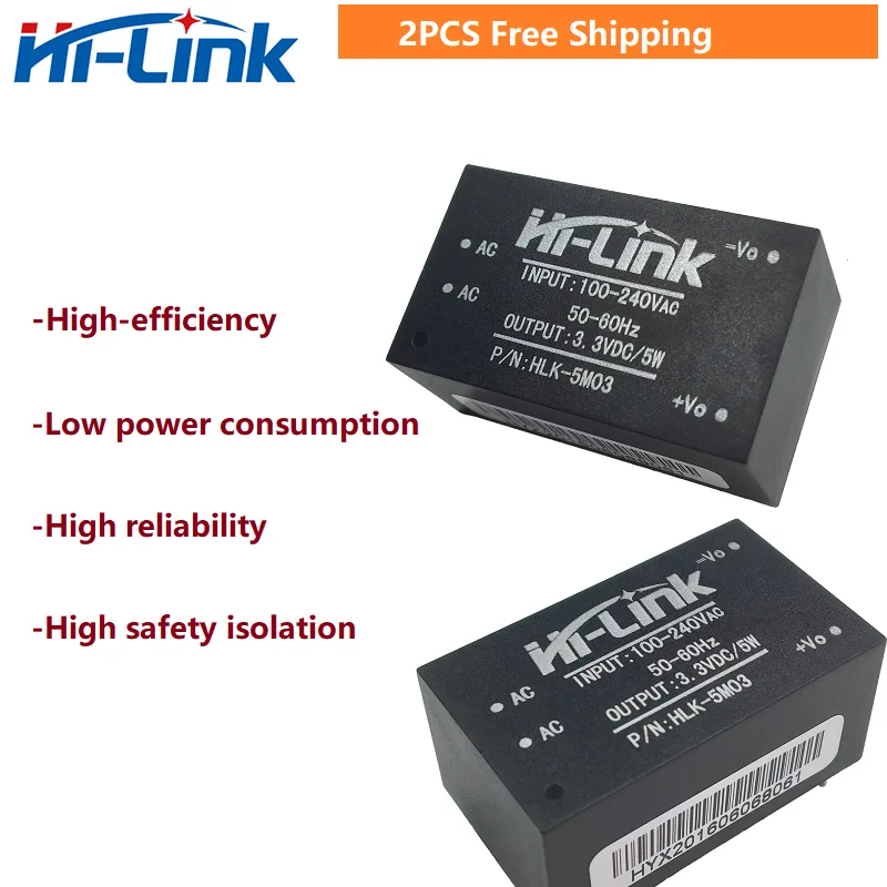 

Free shipping 2 pcs/lot HLK-5M03 220V to 3.3V 5W ultra compact power module intelligent household switching AC DC transformer