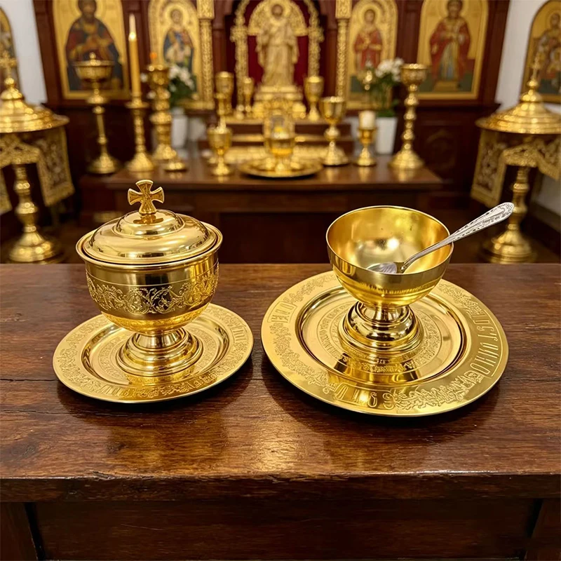 

Vintage Gold Plated Orthodox Holy Communion Chalice Set with Lid Spoon Paten for Church Liturgy Home Altar Prayer Christian Gift
