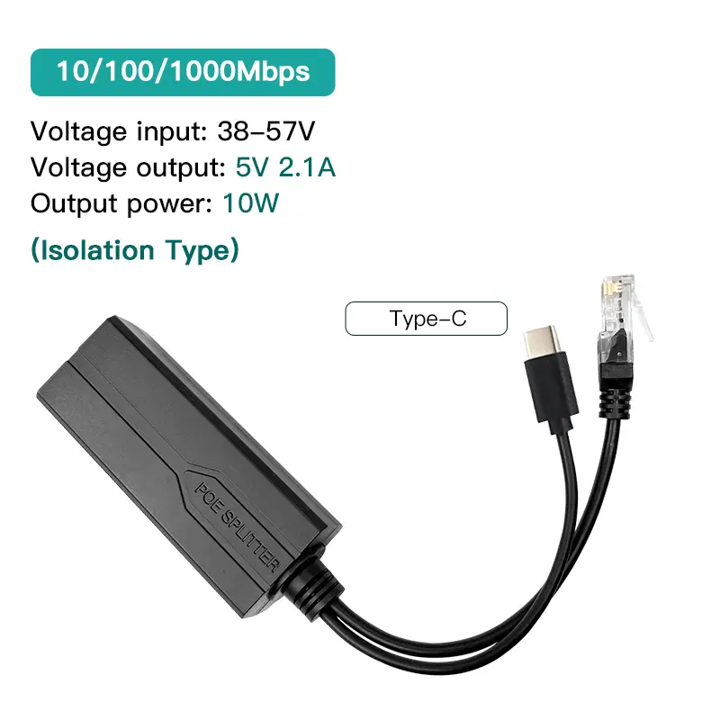 Standard POE Splitter 48V to 5V 12V 1.2A 2A Micro USB Type-C 100M/1000M POE Camera Injector Power Supply - Image 14
