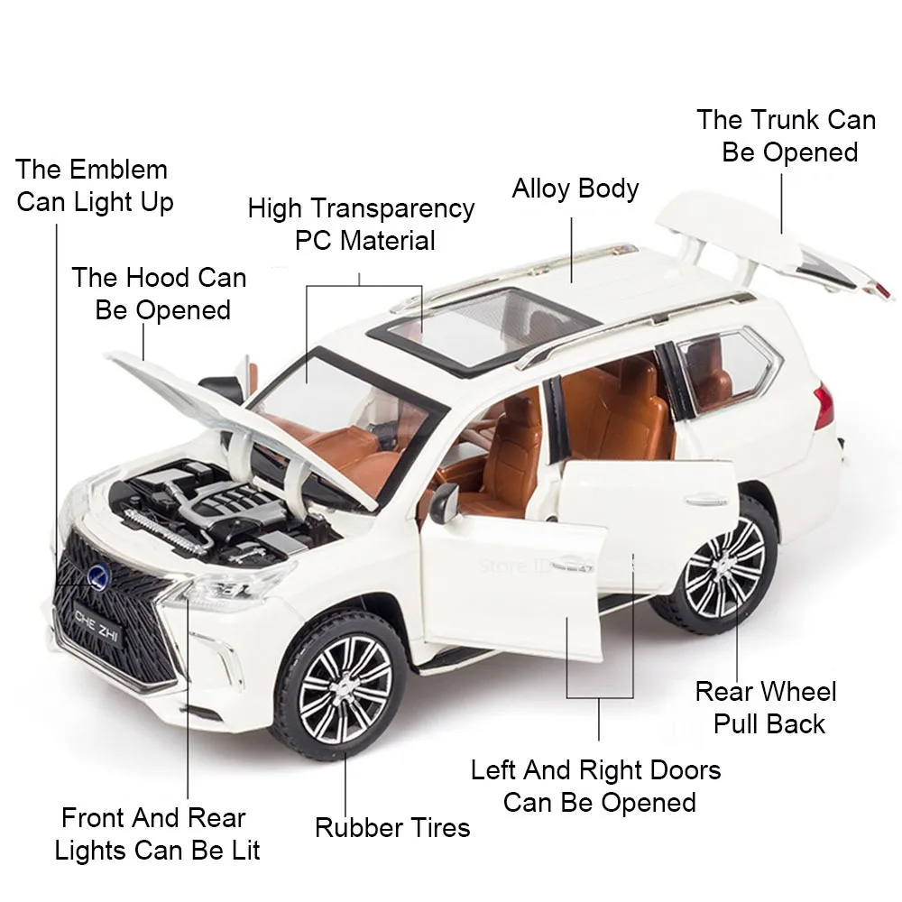 1:24 Scale ES300 LX570 Model Toy Cars Alloy Diecast Sound Light Doors Opened Pull Back Rubber Tires Vehicle Toys for Boys Gifts