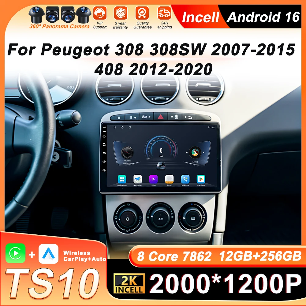 

Carplay Android 16 Car Radio Player For Peugeot 308 308SW 2007-2015 408 2012 - 2020 Stereo Head Unit GPS Navigation BT FM Wifi